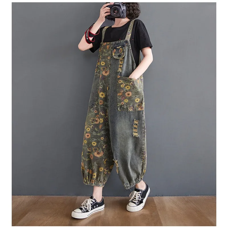 

pants pattern jeans for women 2026 Spring Summer Plus Size Floral Denim Overalls Artistic Loose Vintage Jumpsuit for Curvy Women
