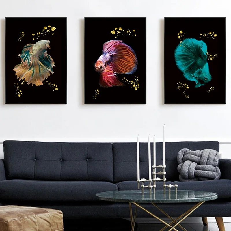 Large-sized frameless 3pcs   Simple and Abstract Goldfish Canvas Poster Picture Wall Art, Modern Living Room Dining Room, Bed