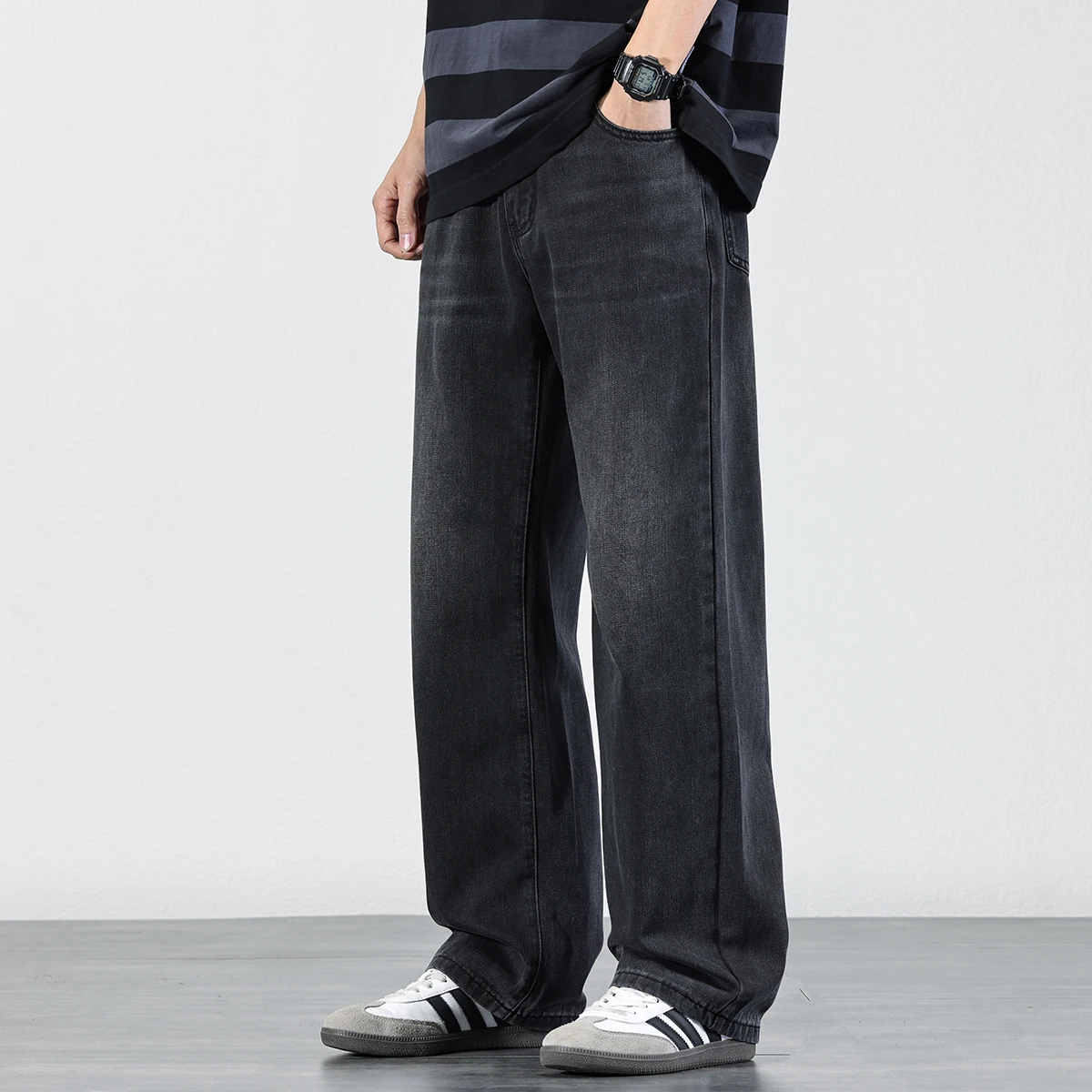 Blue and Black Jeans, Men's Thin Autumn and Winter Trousers, Loose Straight Wide-leg Casual Trousers, Trendy