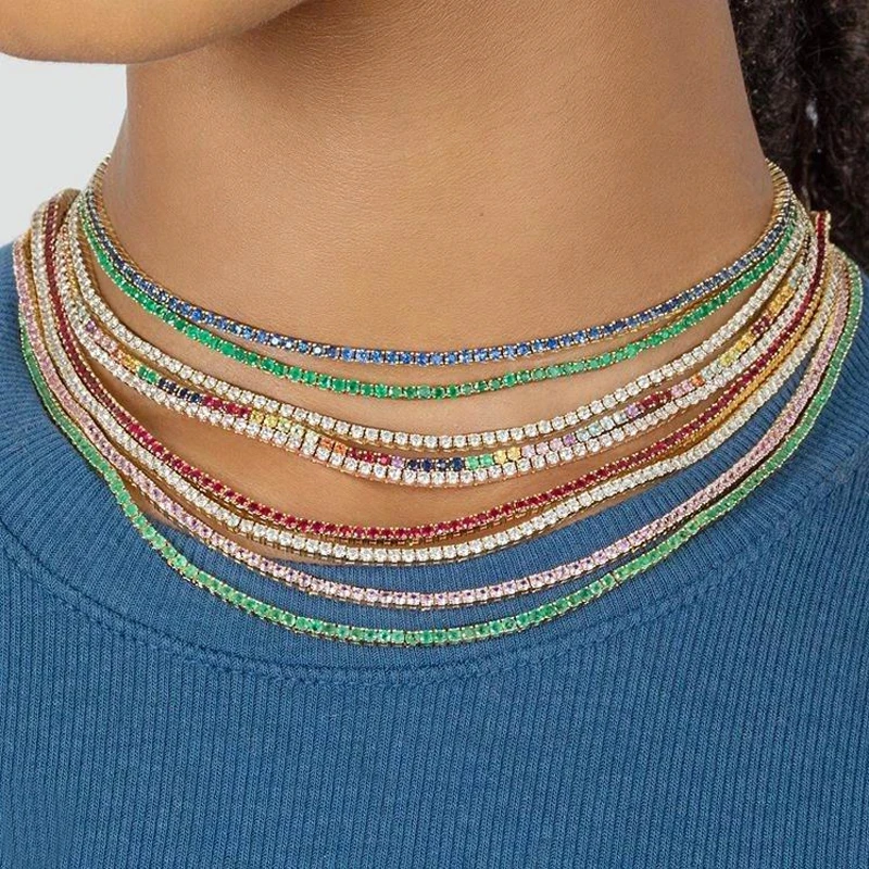 3 Colors 2mm Rainbuw Cz Necklace Red Shiny Cz Tennis Chain Choker Jewelry Micro Pave Gold Silver Color Fancy Women Jewelry