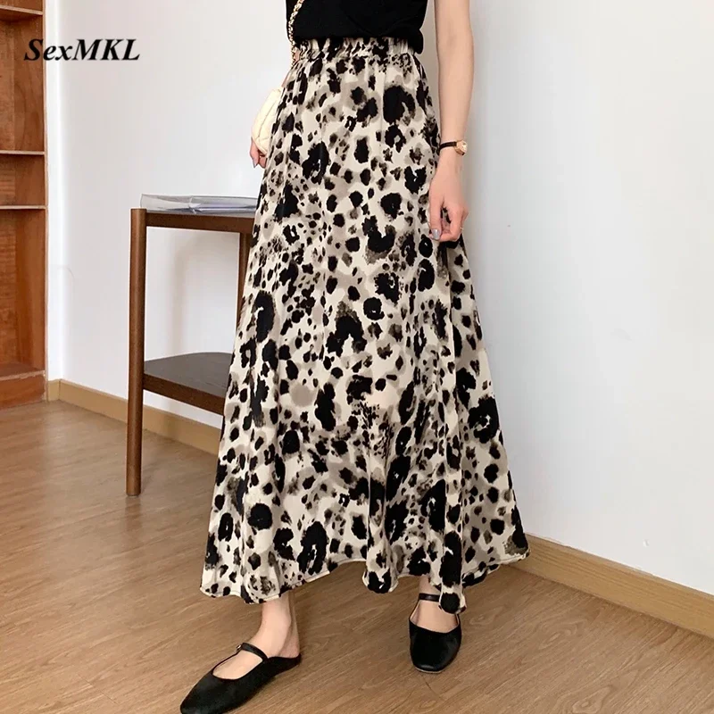 

New Fashion Summer Leopard Pleated Skirts Women 2024 Korean High Waist Chiffon Long Skirt Vintage Elegant Holiday Y2k Sexy Skirt