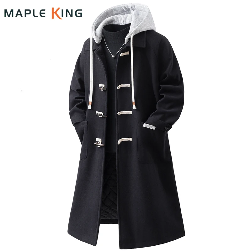 Winter Long Coats for Man Wool Trench Overwear Horn Button Hat Detachable Designer Warm Veste Homme Luxe De Marques Men Jacket