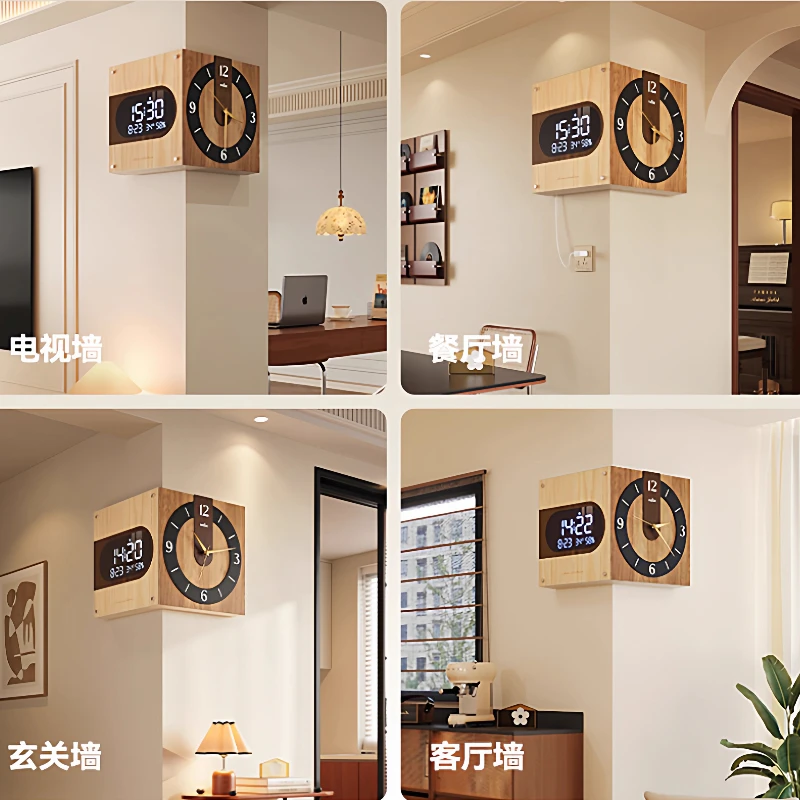 Mid-Century Modern Corner Clock with Perpetual Calendar Dual Display Digital Wall Clock Vintage Angle Timepiece for Living Room view 5