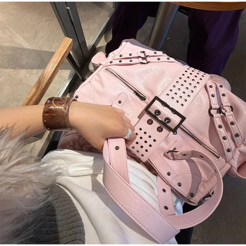 Y2k Nieten-Gürtelschnallen-Handtasche, Damen Motorrad Biker Punk-Stil Metall-Nieten-Schultertasche, Koreanische Y2k Mädchen Reißverschluss-Tragetasche – Detail 18