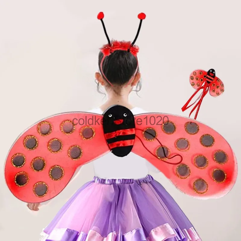 3pcs Kids Ladybug Bumble Bee Costume for Boy Girls Fairy Wings with Headband Set for Stage Performance Halloween Party Clothing