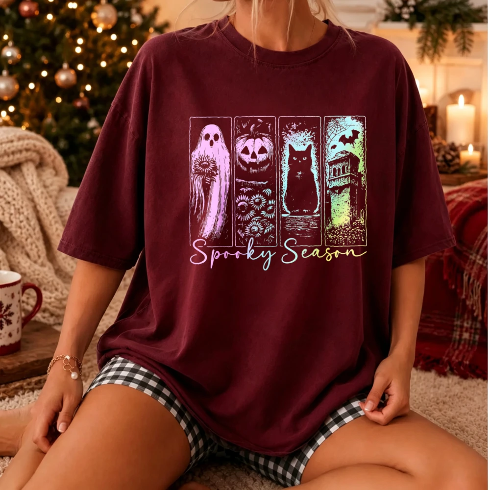 Halloween Spooky Season Tarot‑Style Ghost Pumpkin Black Cat Haunted House Bat Graphic T‑Shirt Retro Pastel Gradient Casual Tops