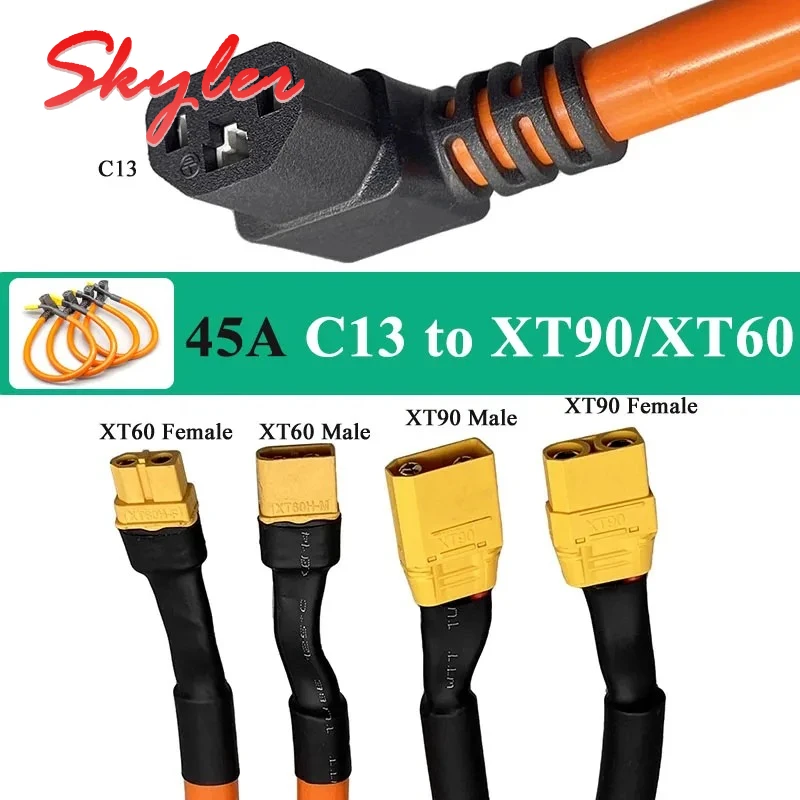 45A 3Pin XT60/XT90 to C13 Lithium Battery Charging Plug High Current Male Female Bend Head Electric Vehicles Connector 6mm