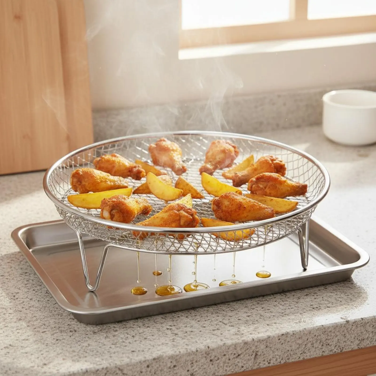 Stainless Steel Air Fryer Rack Easy to Clean-Air Fryer Draining Tray Stainless Steel Mesh Tray Rust-Proof Draining Pan