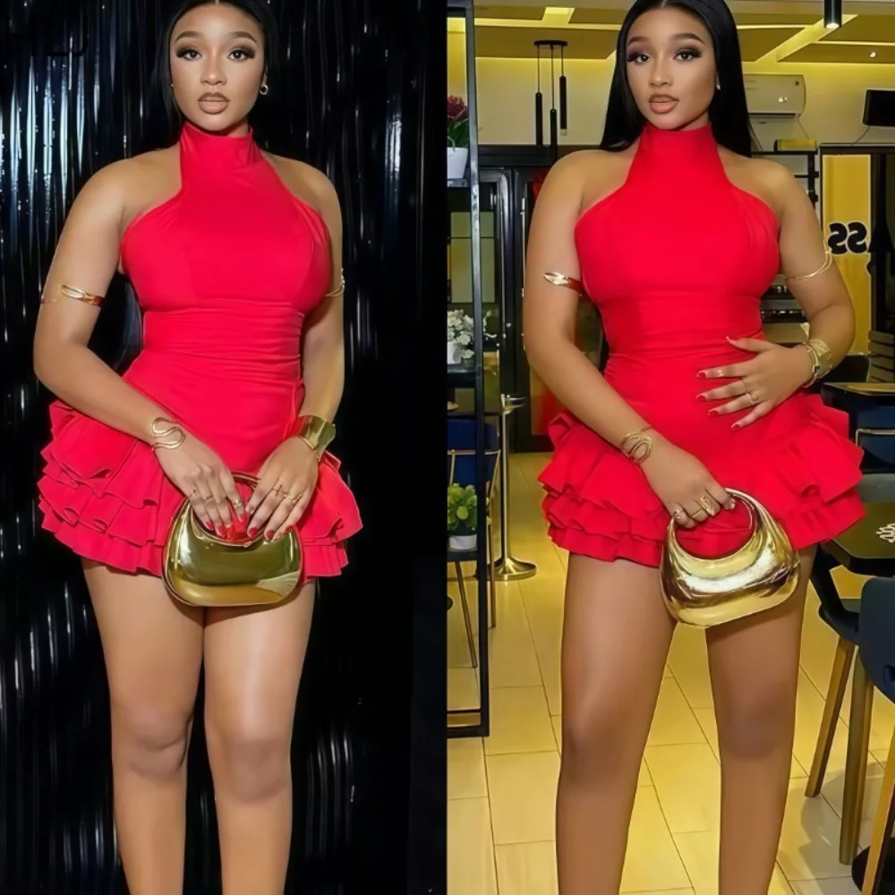 

HLJ Sexy Ruched Patchwork Bodycon Mini Dresses Women Solid Color Halter Backless Dress Female Party Clubwear Vestidos 2025 New