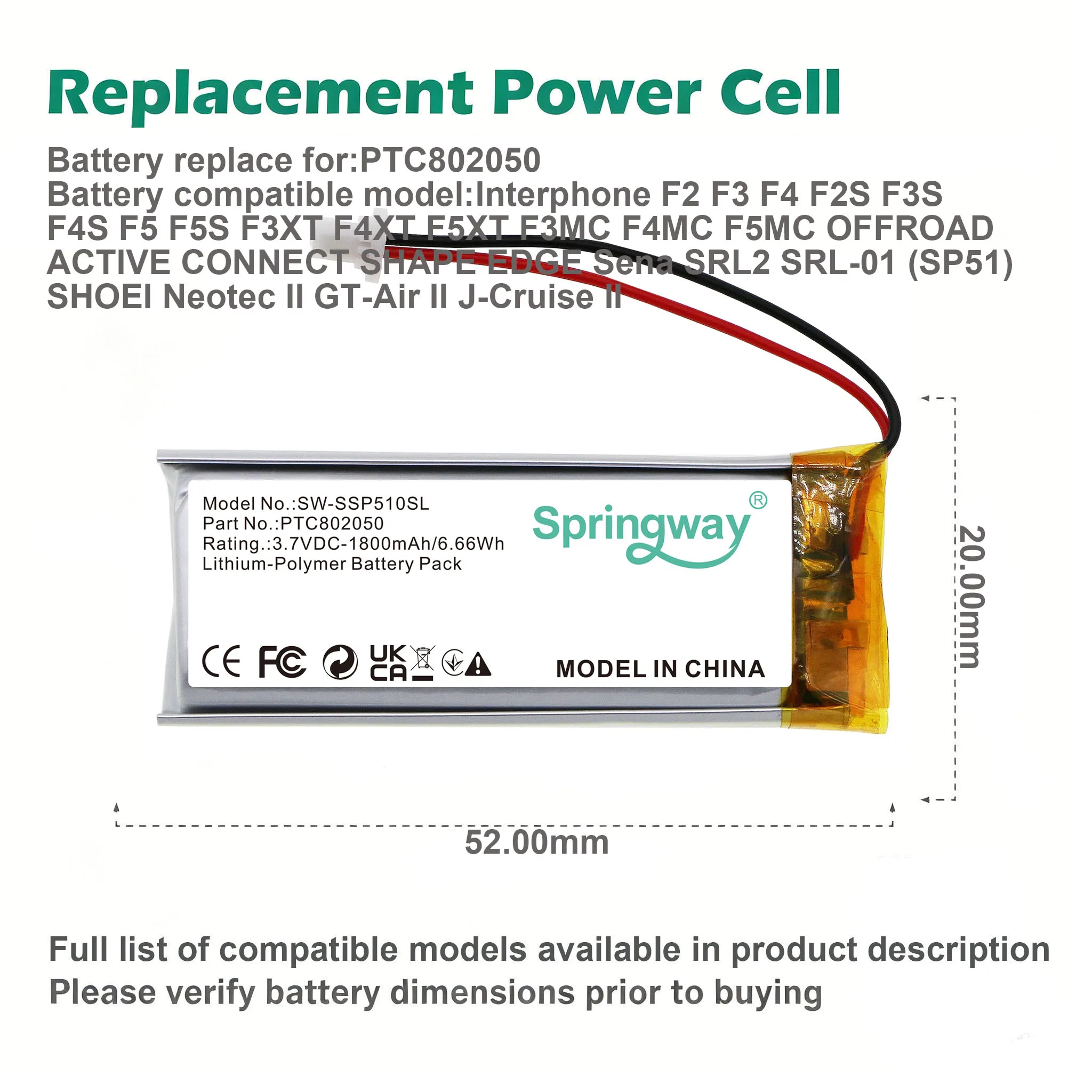 1800mAh 3.7V PTC802050 Battery For Sena SRL2 SRL-01 (SP51) SHOEI Neotec II GT-Air II J-Cruise II Interphone F2S F3S F4S