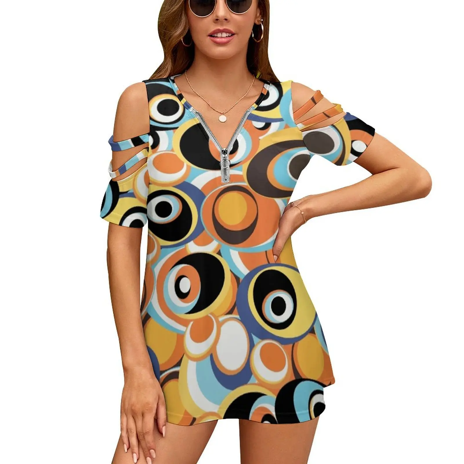 60S 70S Hippie Bohemian Festival Hippie Flower Power Women's T-Shirt New Fashion Printed Zipper V-Neck Short Sleeve T Shirts