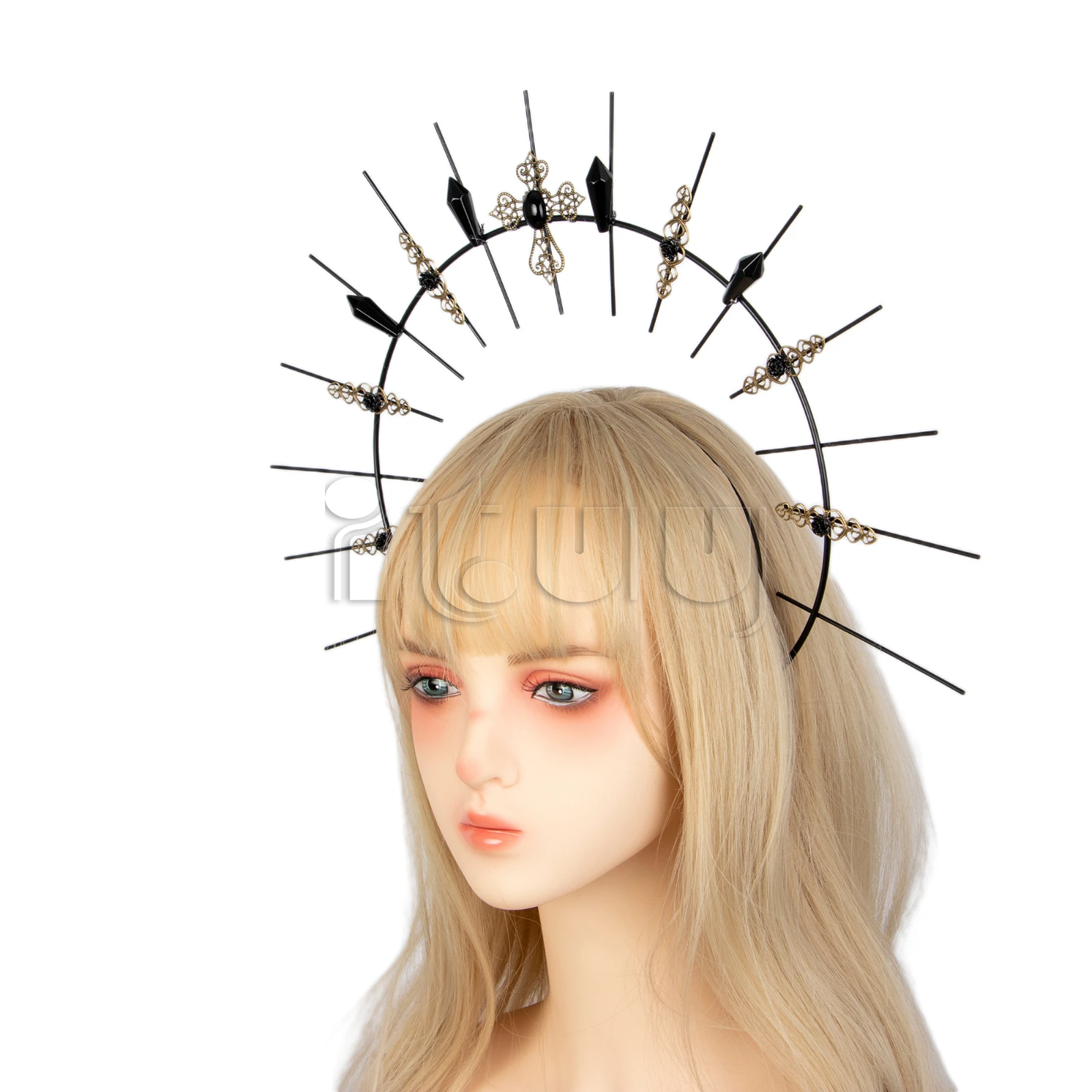 Handmade Women Black Spiked KC Headpiece Gothic Lolita Cross Steampunk Headhand Sun Goddess Halloween Party Accessories