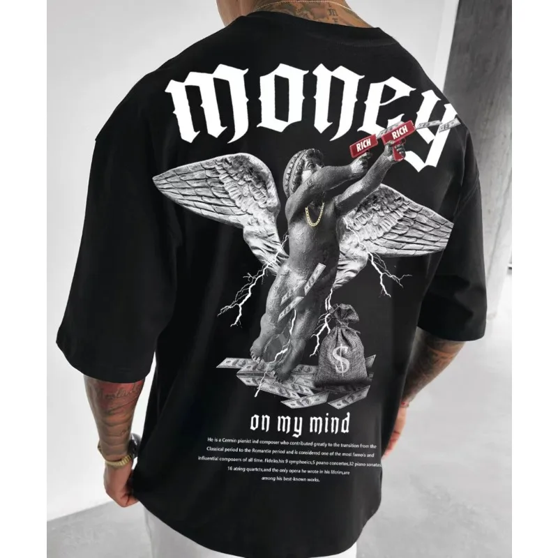 Summer Hot Selling Trendy Men's Loose Fitting T-shirt Money Angel Print Short Sleeved Muscular Round Neck Pure Cotton Top