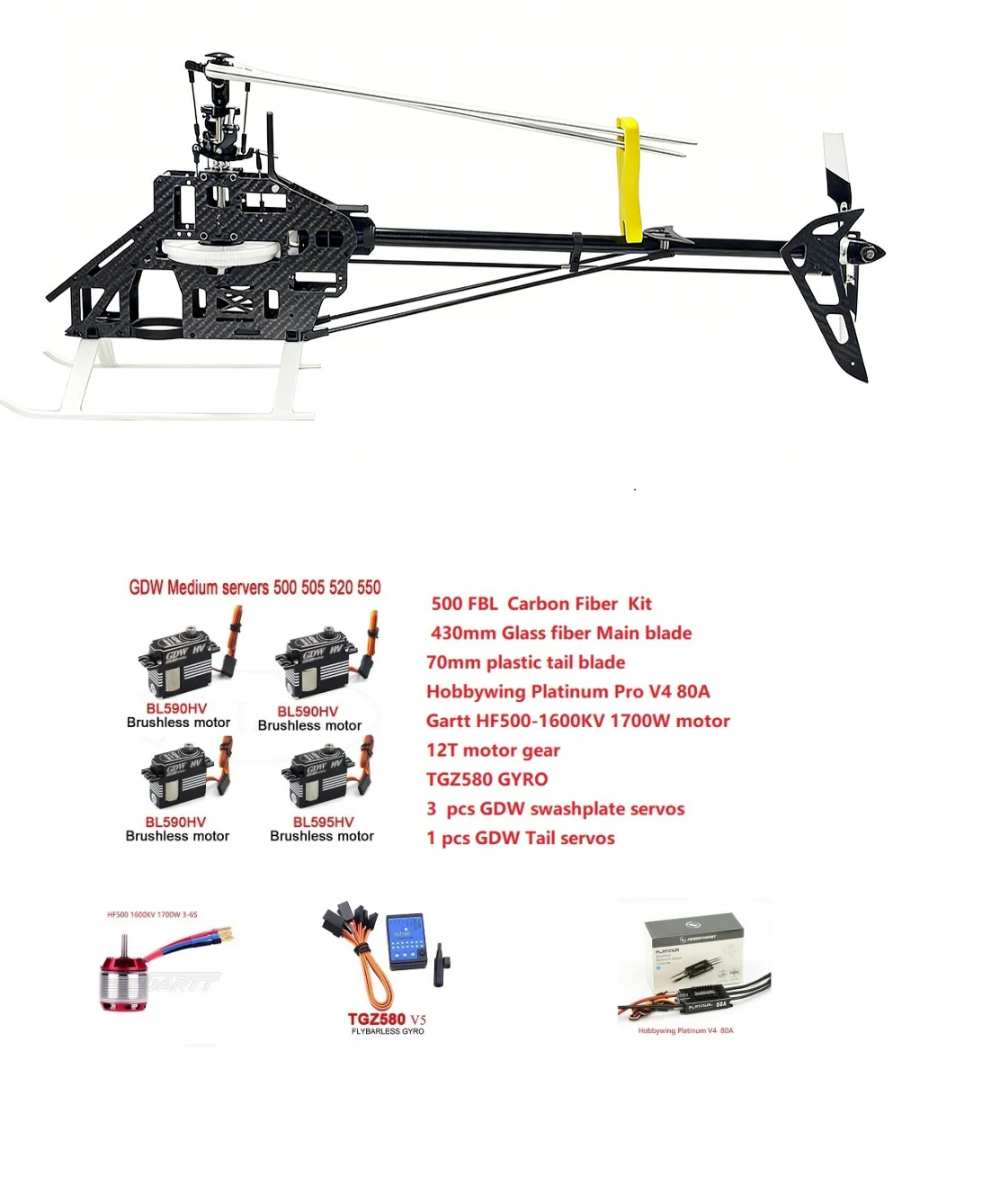 STASRC 500 FBL Flybarless Torque Tube / Belt  Drive 6CH 3D Kit with GDW servos hobbywing ESC  for Align Trex 500 Helicopter