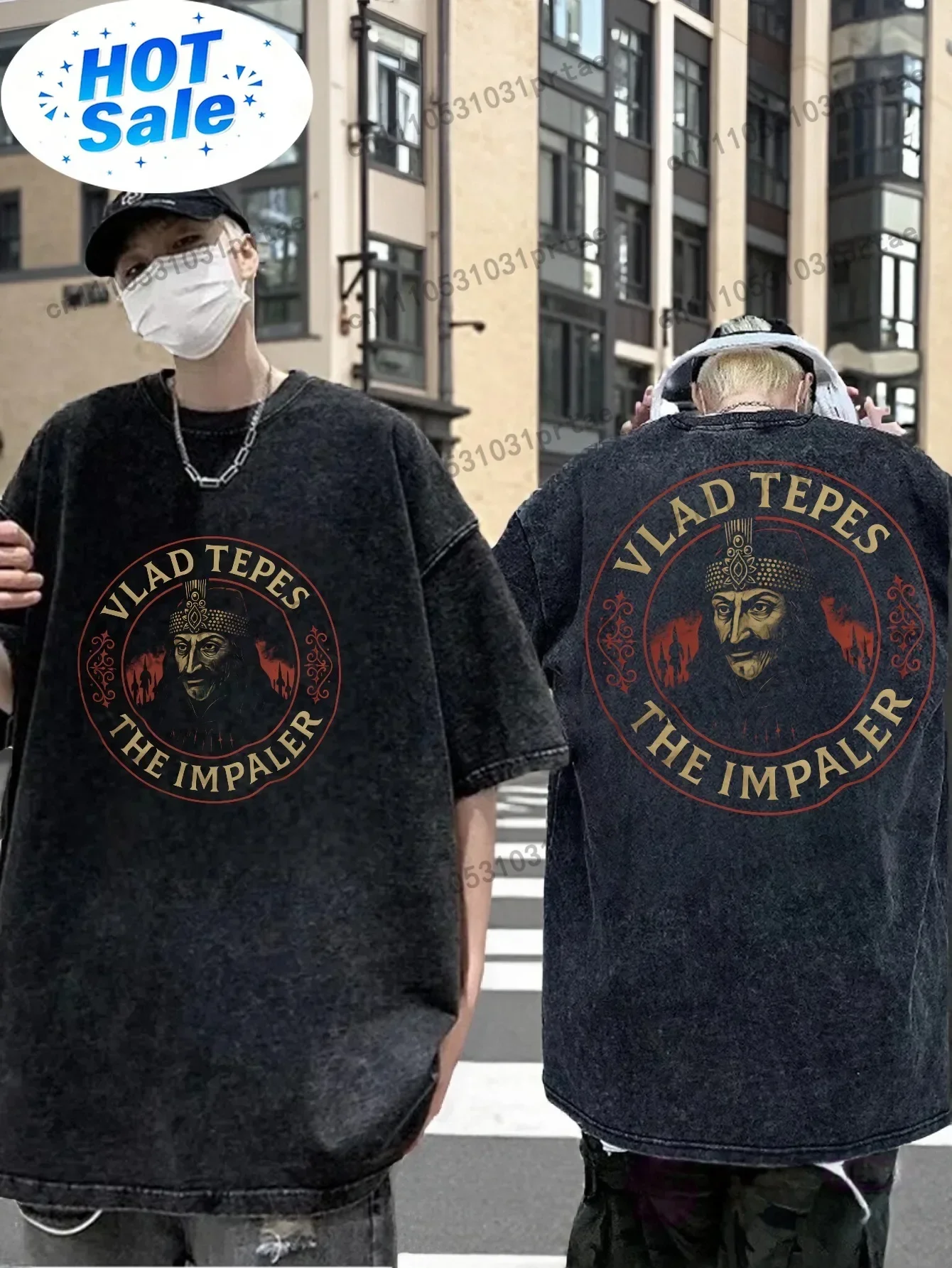 Unisex Vintage Distressed Oversized Black T-Shirt Short Sleeve Graphic Tee for Men And Women Featuring Vlad Tepes, The Impaler.