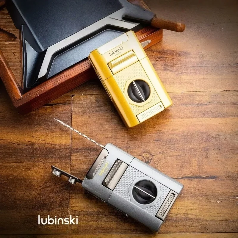

LUBINSKI 4-in-1 Cigar Turbo Lighter V-Type Cigar Cutter Cigar Punching Needle Metal 4-Torch Gas Lighter Men's High-end Gifts