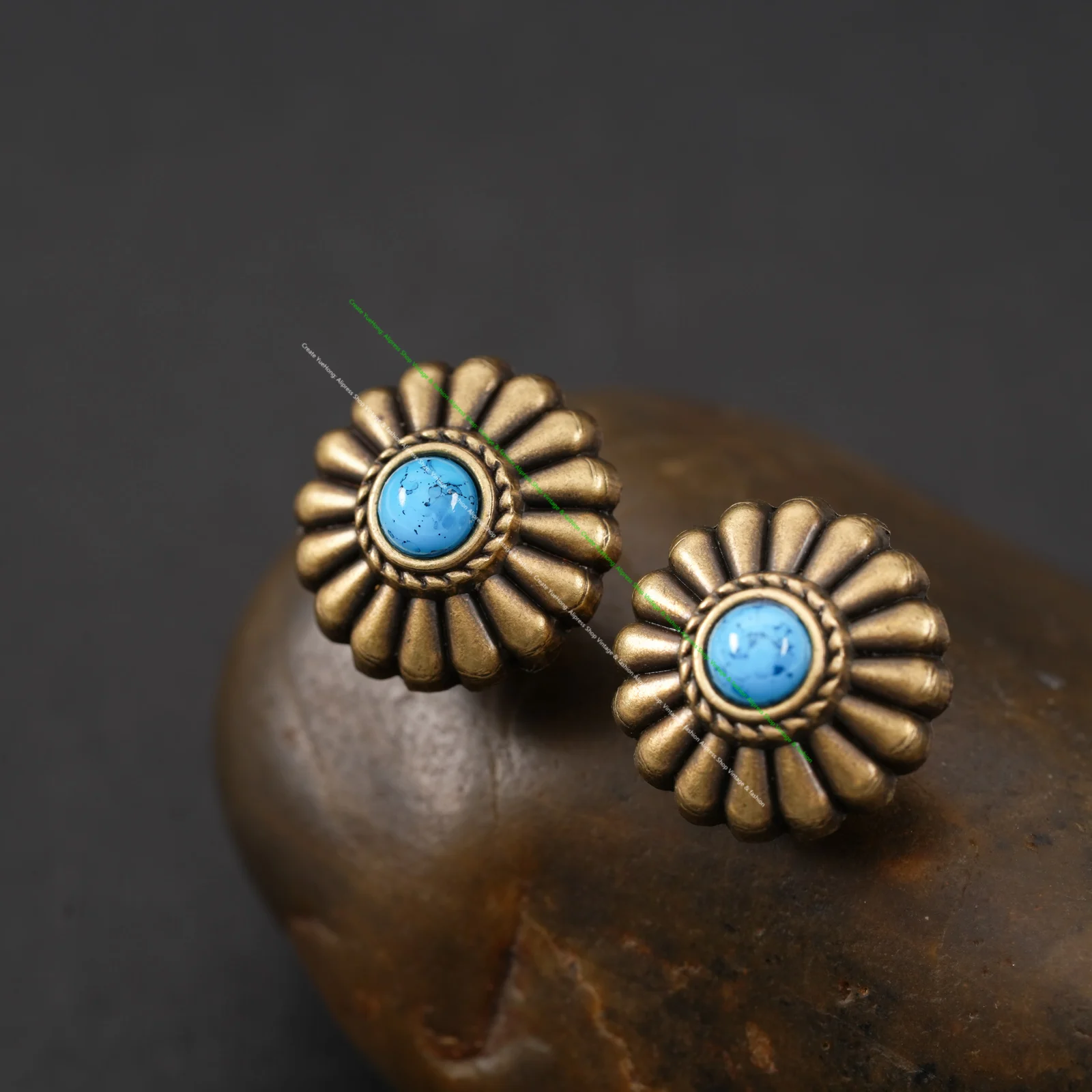 10PC 16MM FLORAL WESTERN TURQUOISE ANTIQUE BRASS SCREW BACK SADDLE DECOR BUTTONS SCREWBACK