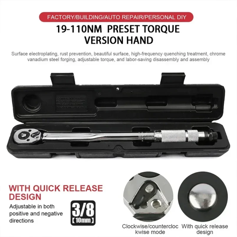 

3/8'' Drive Spanner Hand Tool19-110N.m Micrometer Car Motorbike Disassembly Tool Professional Adjustable Torque Wrench