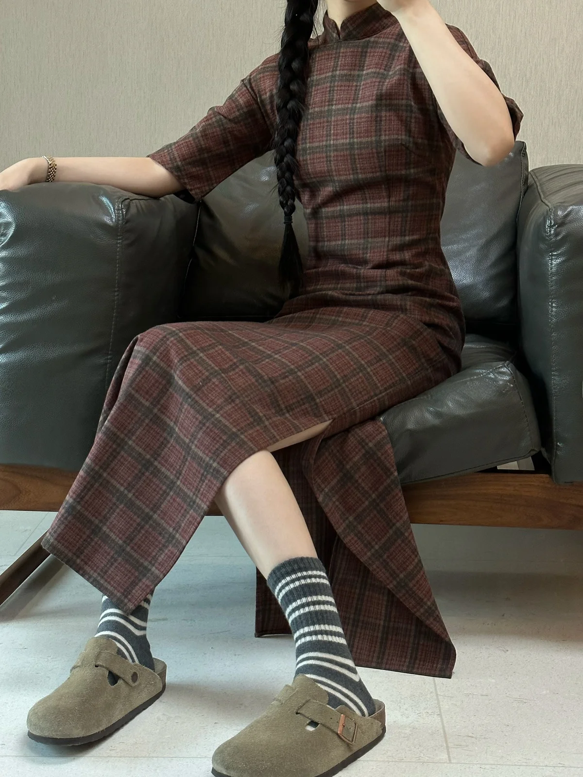 

Xu Zhi Xing Retro Red Plaid Midi Qipao Dr Anti-Wrinkle Slimming Artistic Long Skirt Daily Wear Low Slit round Dot Pattern