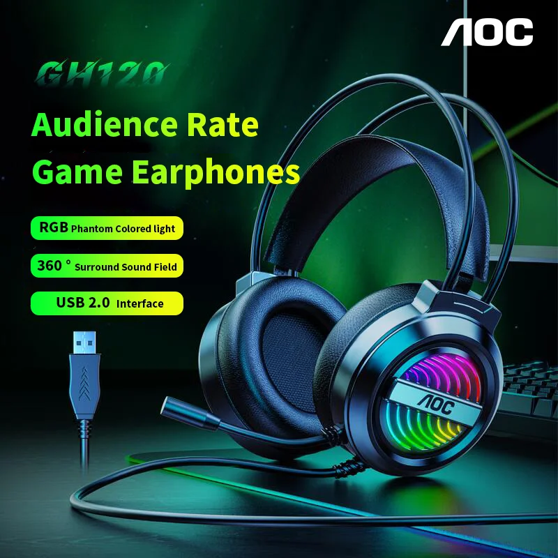 

AOC GH120 Gaming Earphones 7.1 USB Channel Wired Headset Desktop Computer Laptop Coffee Black RGB Wired Earphones Video Game New