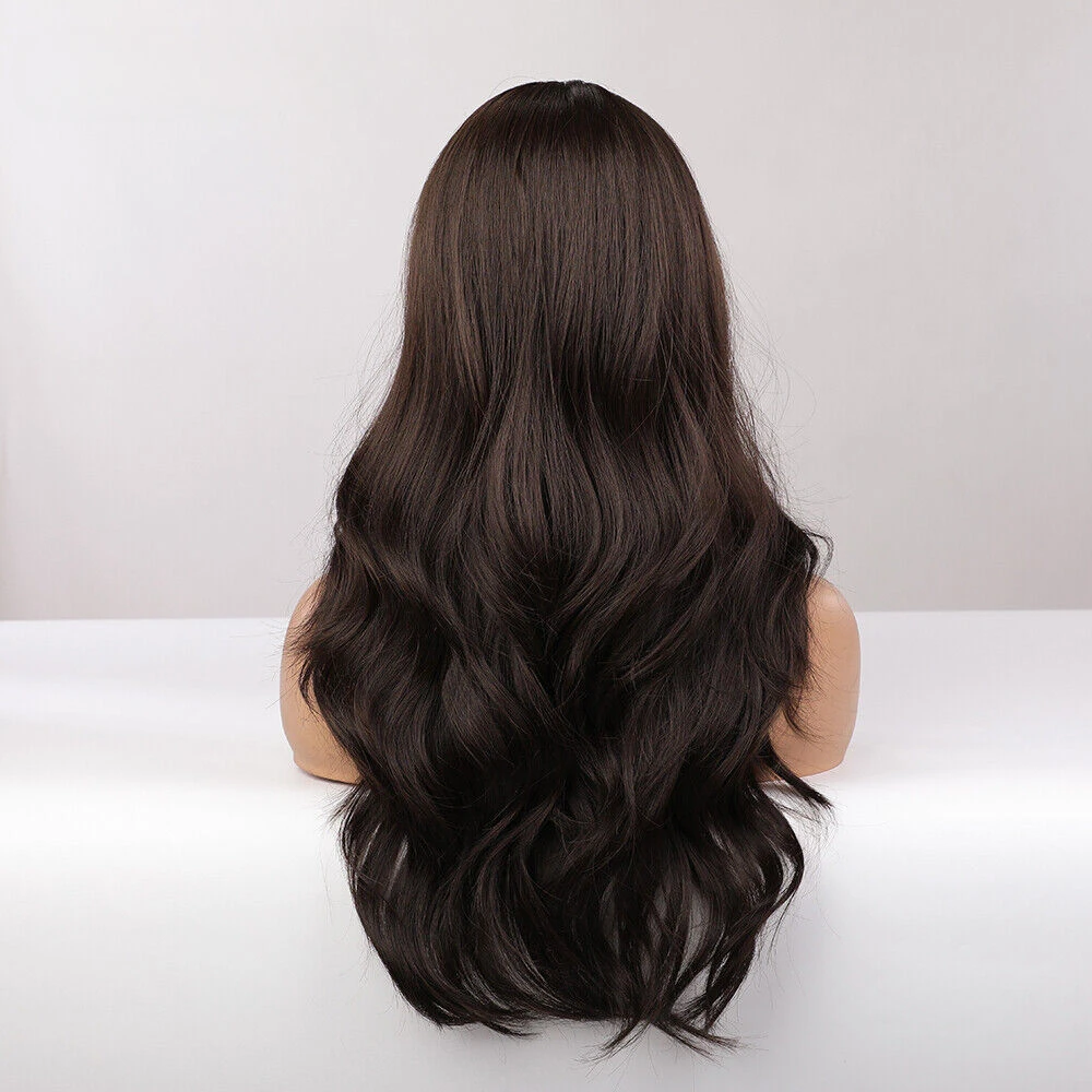 Flequillo Natural de pelo sintético ondulado marrón oscuro largo para mujer, peluca diaria