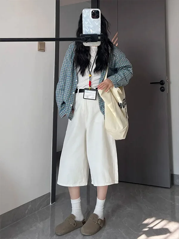 

White Minimalist High Waist Wide Leg Jeans Women's Spring Casual Loose Slimming Pants Seven-Footers Denim Trendy Girls