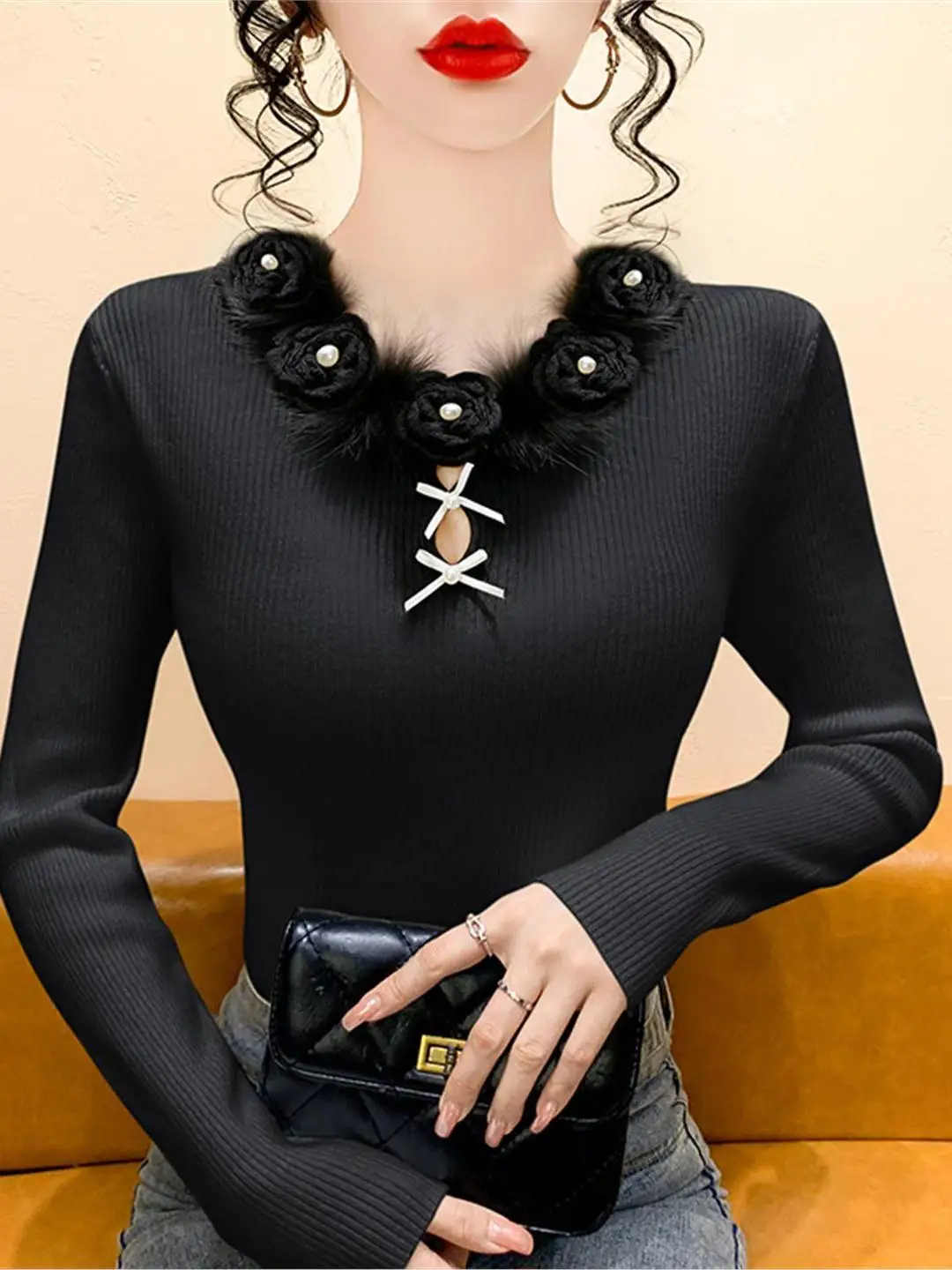 Ele lavorato a maglia lungo Sve Base irt da donna autunno inverno maglione con nodo scavato abbigliamento interno morbido motivo floreale