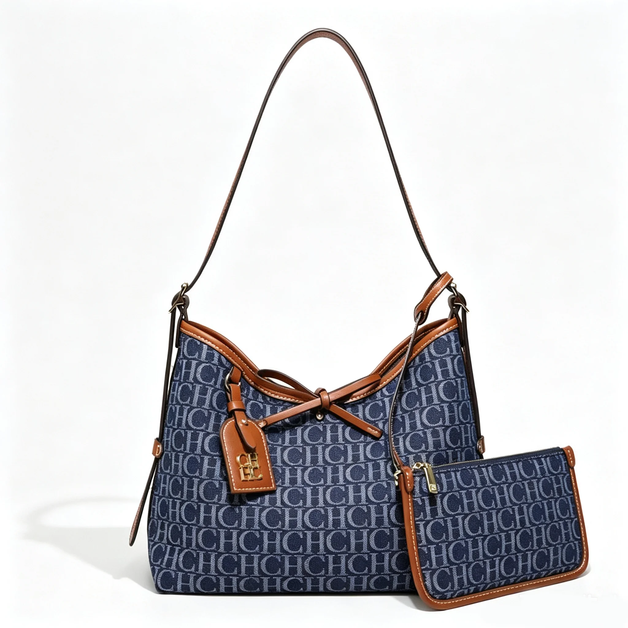 CH Women Shoulder Bag Blue Printed Handbag Fashion Hobo Bag Vintage Crossbody Purse With Mini Pouch Casual Daily Travel
