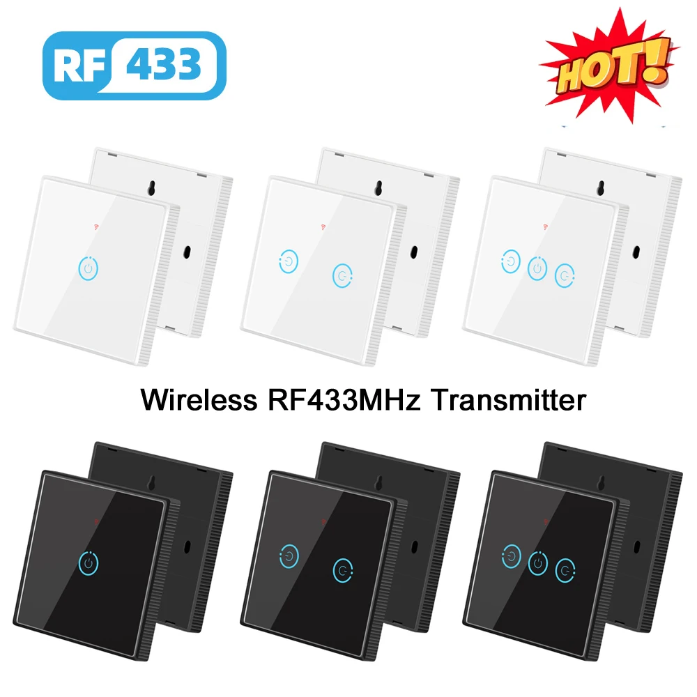 1/2/3 Gang RF433Mhz Wireless Touch Switch RF Transmitter Push Button Remote Control for Home Led Lights Glass Panel Wall Switch