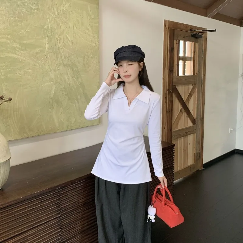 Frauen Herbst Langarm Top Stilvolle Kragen Plissee T Schulter Fit Abnehmen Bauch Abdeckung Design Lässige Mode Bluse ​