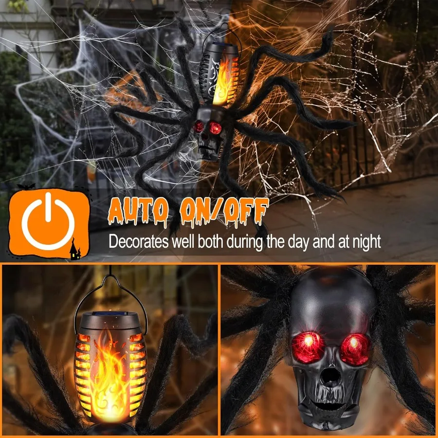 أضواء لهب جمجمة الهالوين تعمل بالطاقة الشمسية مع 8 مخالب عنكبوت للديكور الخارجي مثالية لحفلات الهالوين والحديقة Se