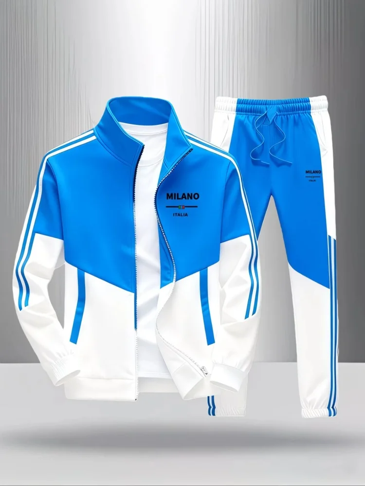 Conjunto Deportivo de 2 Piezas para Hombre, Estampado Milano Italia, Chaqueta con Cierre Completo y Cuello Alto, Pantalones con Cordón Ajustable, Traje Deportivo Casual