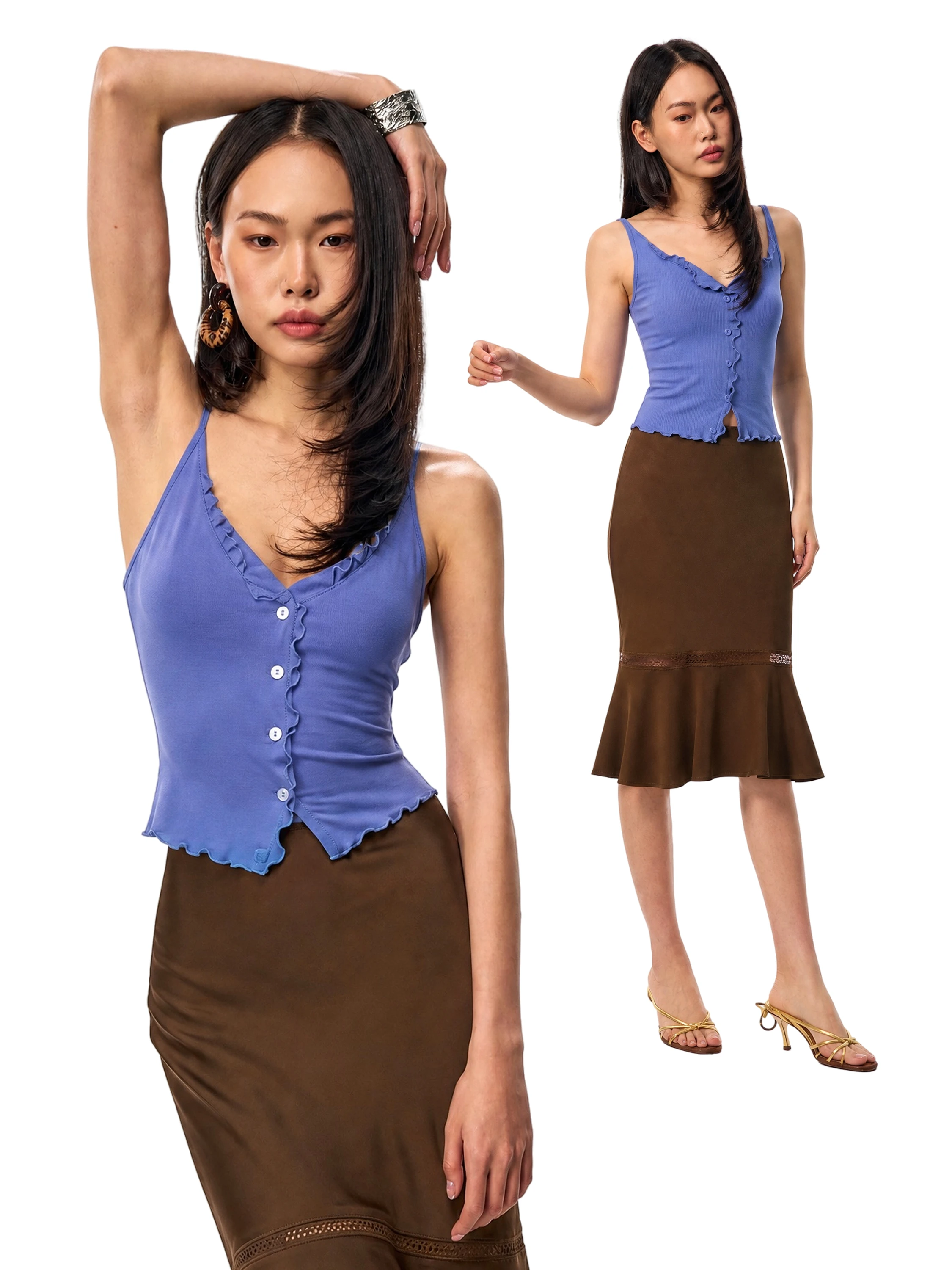 GOGO BURN Women's Slim Fit Knitted Vest Blue V-Neck Strap Top Elastic Bandage Summer New Style Pure Color Fashionable Tank Top