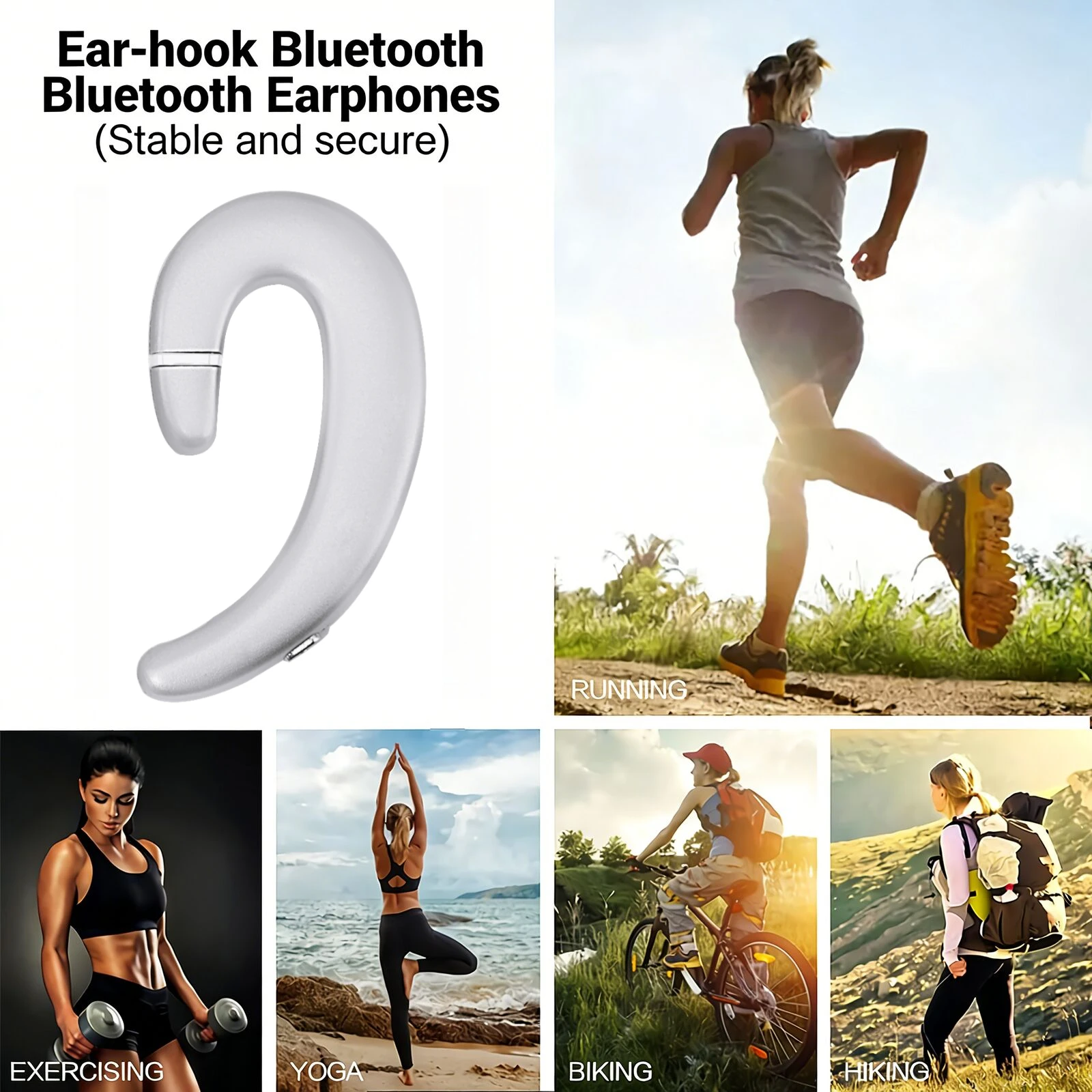

Single Ear Bone Conduction Bluetooth Earphones Ear Hook Wireless Headset Light Stable Fit HiFi Stereo Earbuds For Sports Music