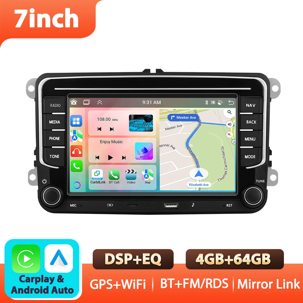 Podofo 7'' 6+128G autoradio voor VW/PASSAT/GOLF/POLO/BORA multimediaspeler WIFI Carplay Android Auto BT EQ Sound DSP autostereo