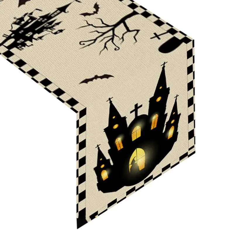 

Linen Table Runner for Halloween Party Decoration Linen Table Runner with Pumpkin and Bat Patterns Decorations
