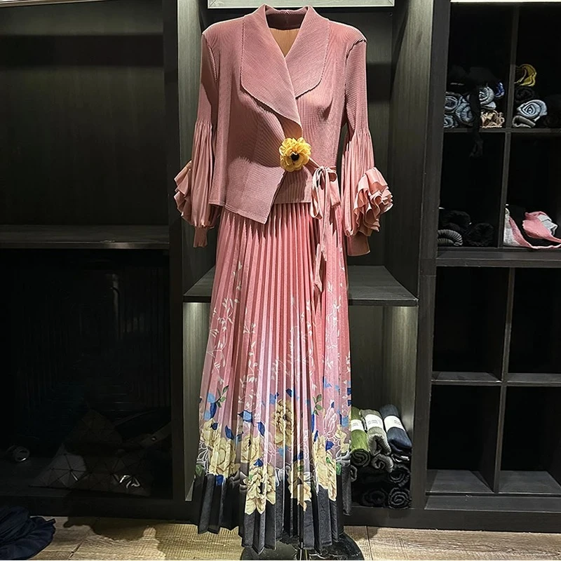 ANLAN High-end Pleated Dress Fake Two Pieces Women's Chic New Three-dimensional Flower Decoration Printed Famale Clotes 2AN0835