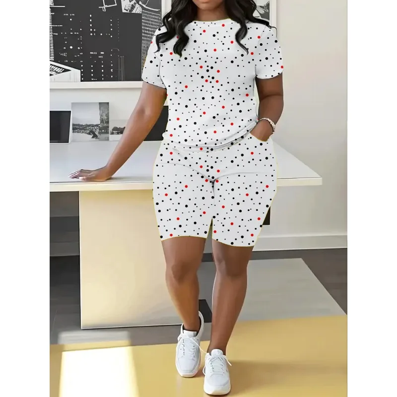 Plus Size Loose Dot Style Printed Casual Commuting Micro Elastic Set Summer Fashion Okrągły dekolt Damski zestaw szortów z krótkim rękawem