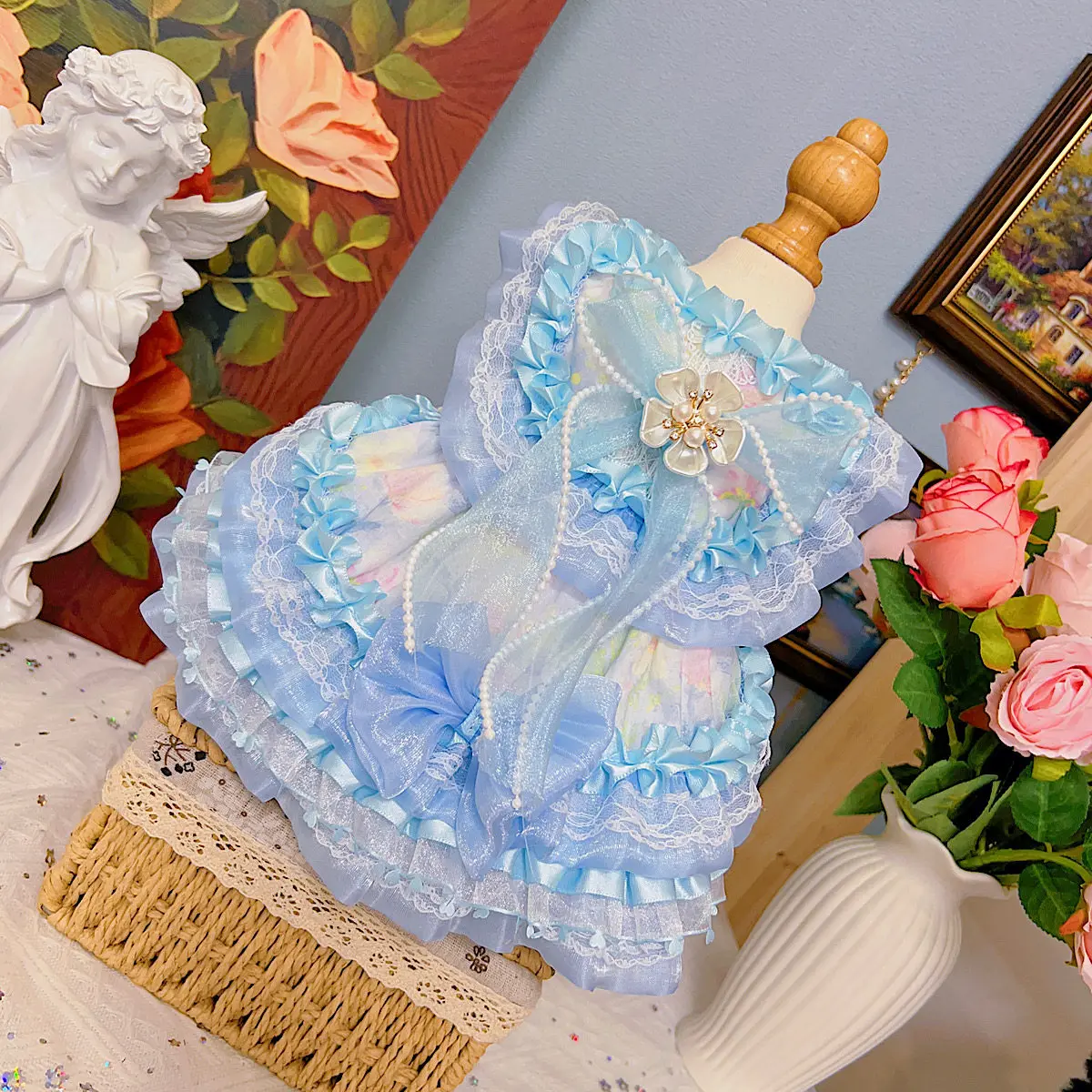 Summer Blue Lolita Pet Dog Clothes Fashion Handmade Flower Print Lace Bow Princess Dress for Small Medium Dogs Chihuahua Puppy