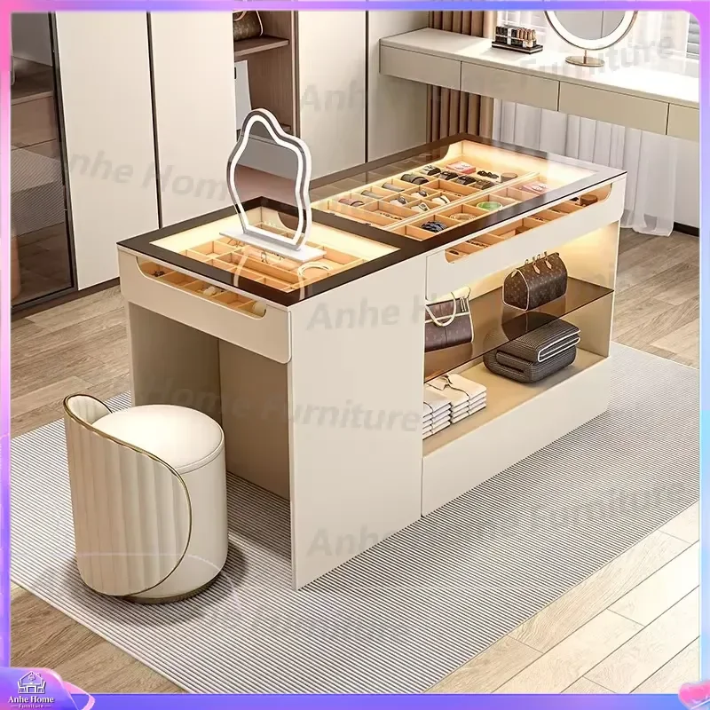 Modern Wood MDF Island Display Cabinet with LED Lights 6 Drawers Tufted Floor Standing Beauty Cosmetics Nail Art Storage