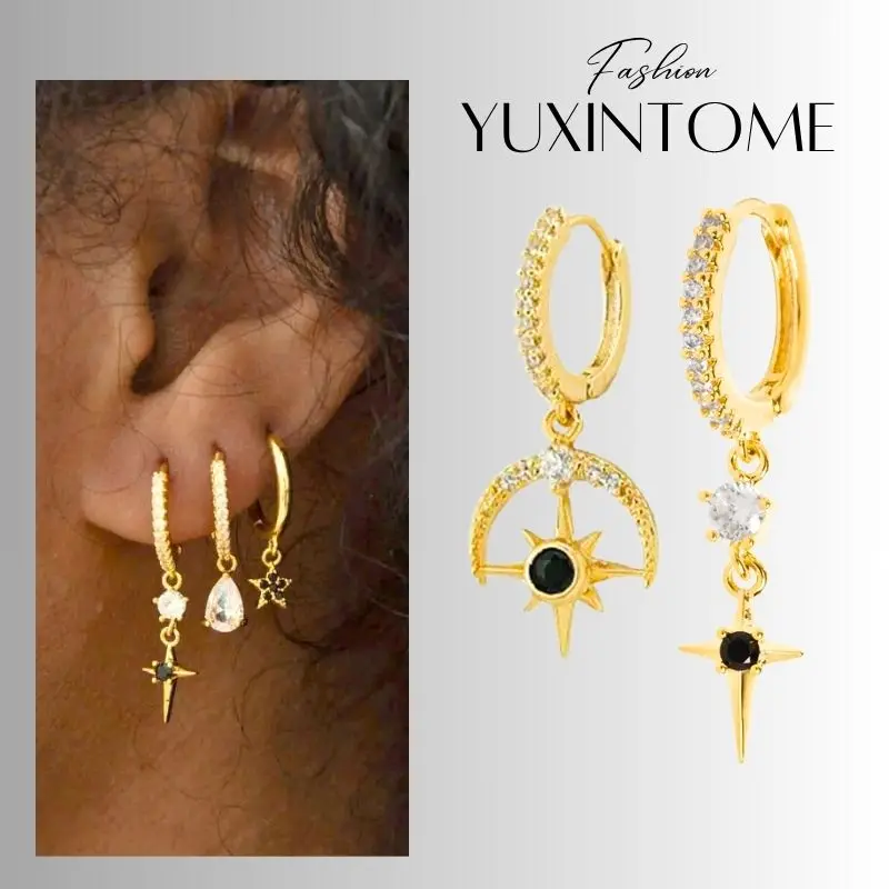 

925 Sterling Silver Needle Black Zircon Octagonal Star/Cross Pendant Earrings Fashion Hoop Earrings For Women Trend Jewelry