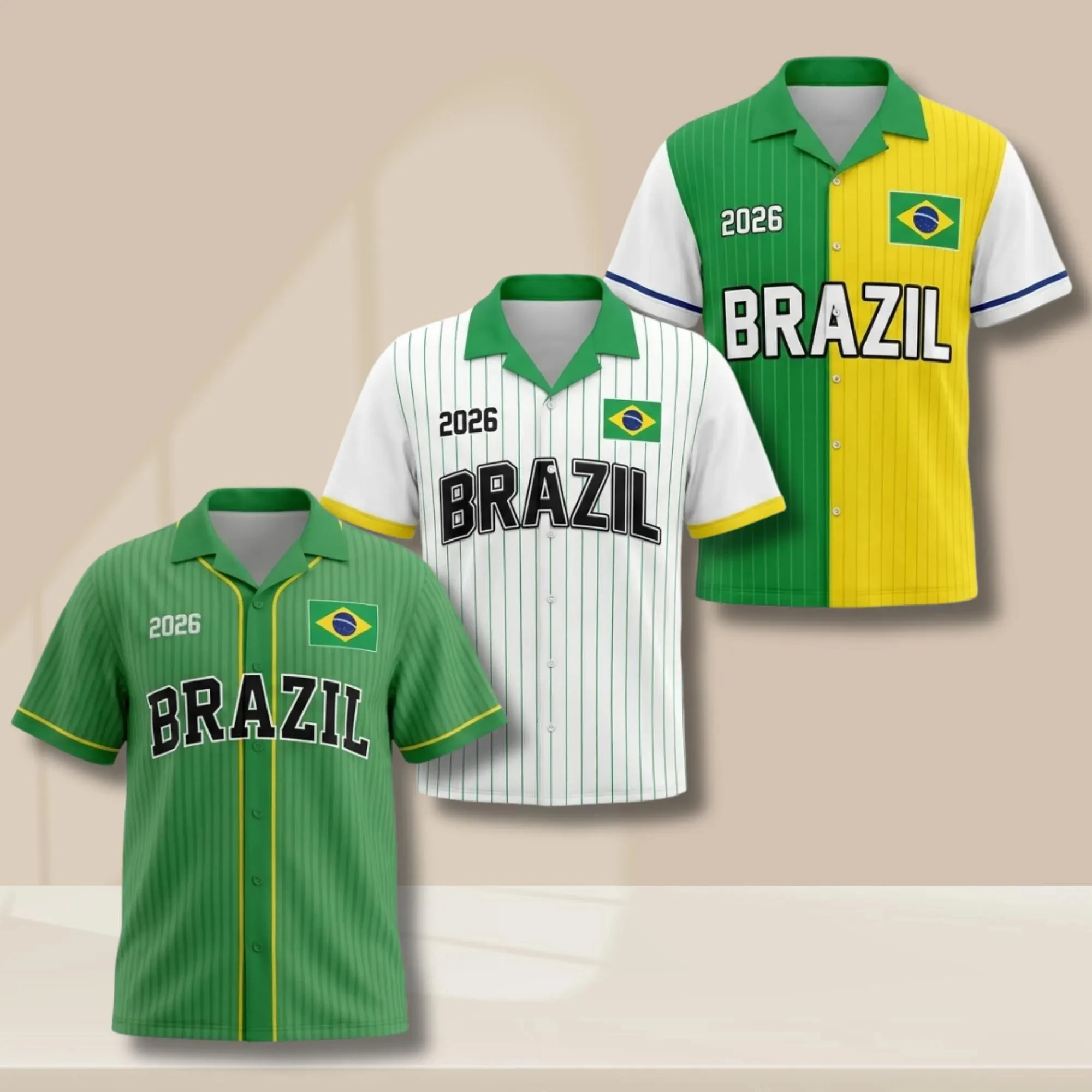 Brazil Custom Name Number Soccer Jersey Hawaiian Button Up Shirt Football Fan Apparel Personalized Team Wear Clothing