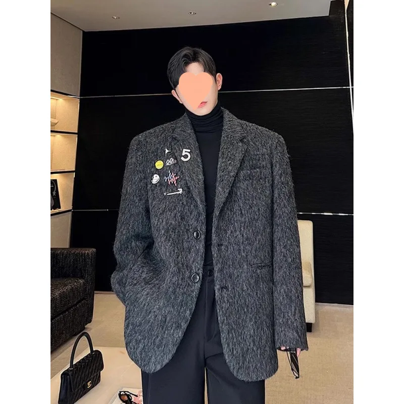 3-A209   Winter Wool Suit Jacket Men's Autumn and Wint Suit Advanced Sense Brooch Design Sense Pad Shoulder Top Fashionable