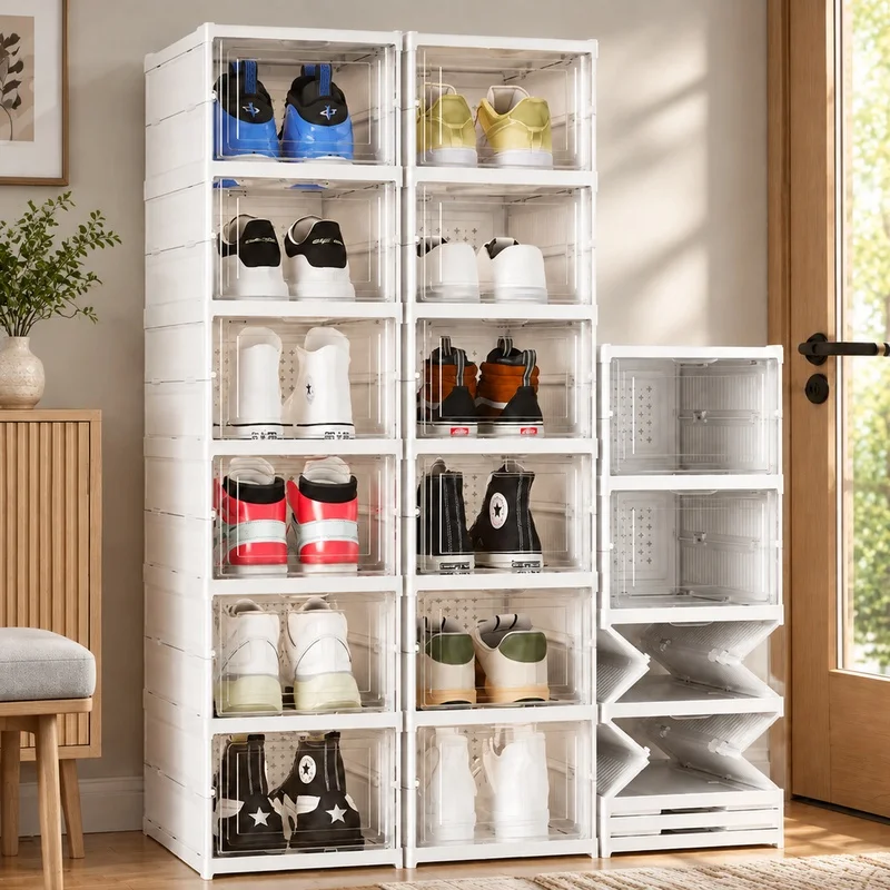 Clear Plastic Stackable Shoe Storage Box, 3-Tier Foldable Organizer with Dust Protection for Sneakers