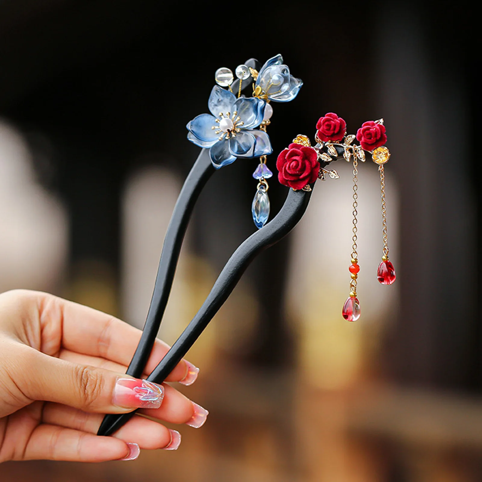 Horquilla de pelo estilo chino con borlas florales, palillo de pelo vintage de madera con perlas, exquisita y elegante pinza para el pelo, accesorios para el cabello de niñas.