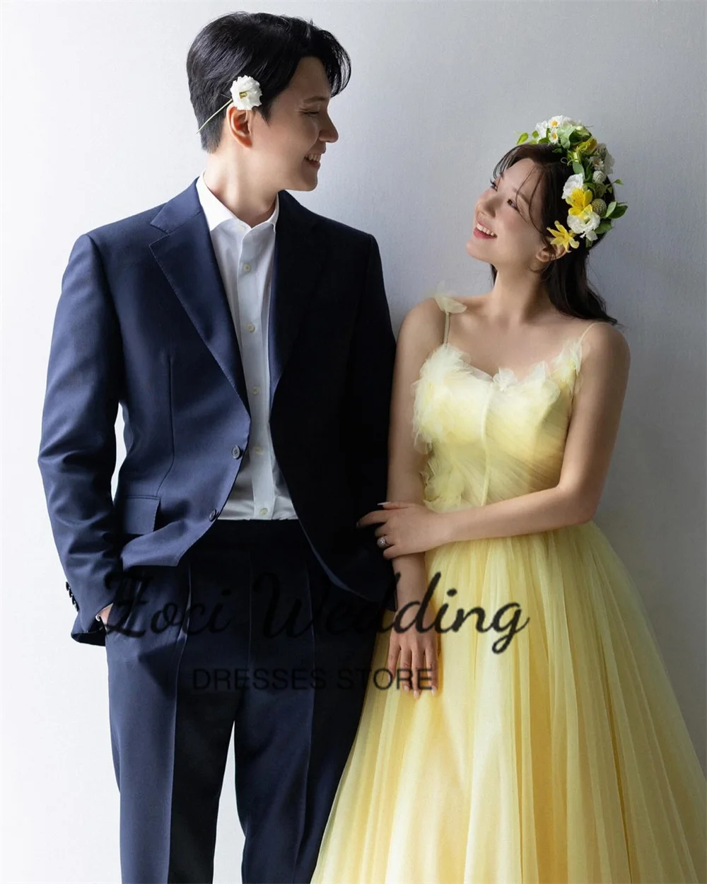 Zoci Princess Yellow Korea A Line Wedding Dresses Fairy Tulle Spaghetti Straps Customized Corset Bridal Party Gown Photos Shoot