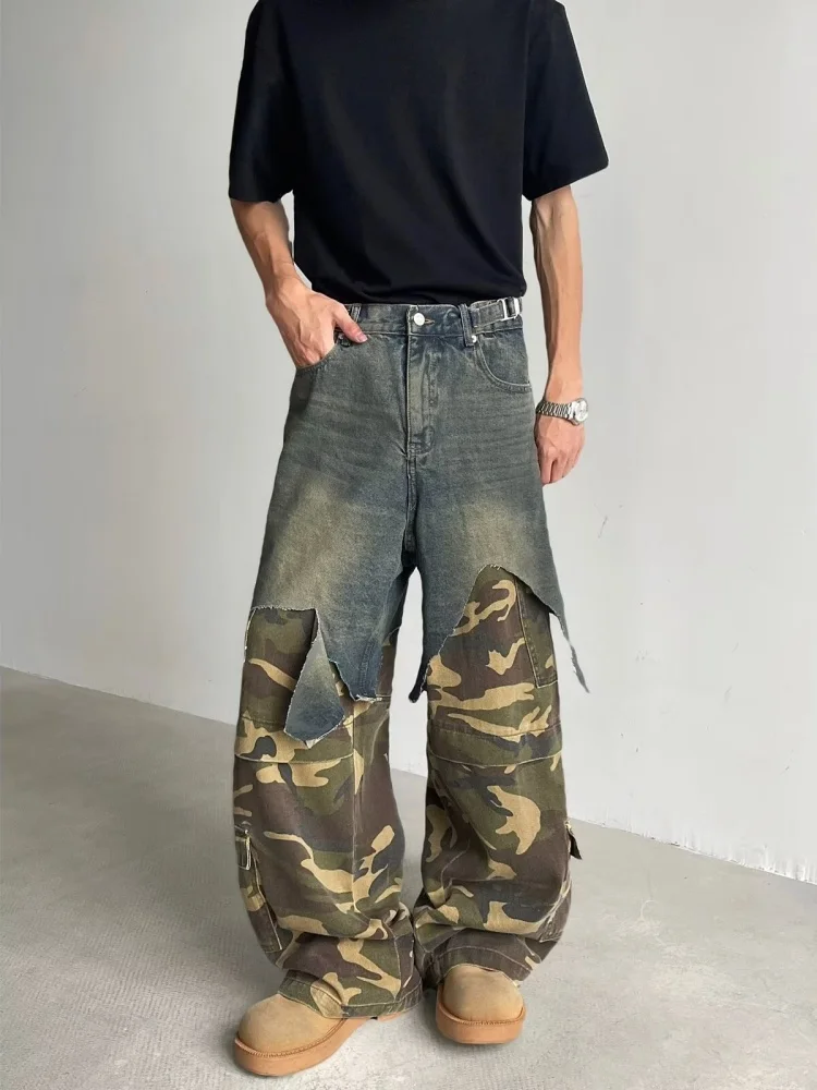 Ropa Y2K Grunge Camouflage Patchwork Baggy Gestapelde Jeans Broek Voor Mannen Kleding Nieuwe Rock Wijde Pijpen Rechte Denim Broek