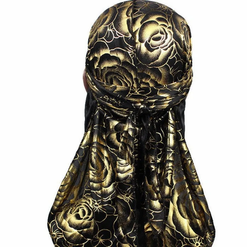 Rose Simulation Silk Long Tail Hat Hip Hop Cape Hat Durag Headscarf Headwear Unisex Fashion Breathable Adjustable