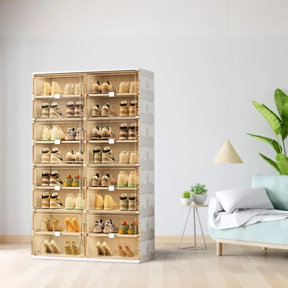 32 زوجًا من خزانة الأحذية المكونة من 3 خطوات للتركيب السريع، صندوق أحذية بلاستيكي مع باب مغناطيسي شفاف للعرض، منظم الأحذية