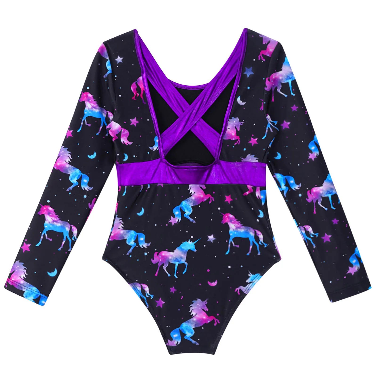 Kids Girls One Piece Fish Scale Horse Print Long Sleeves Ballet Dance Leotard Gymnastics Competition Bodysuit Dancewear